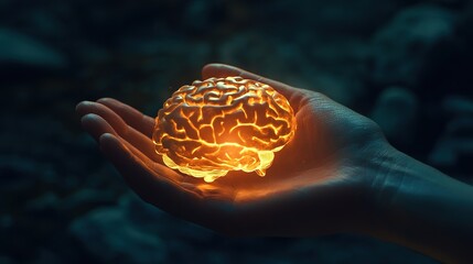 3D render of an AI brain with floating data points and futuristic holographic elements