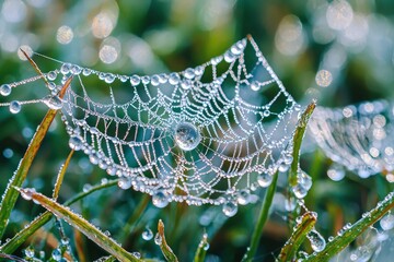 Dew-Covered Spider Web with Grass Blades and Bokeh Background