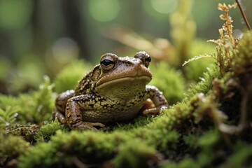 Obraz premium Toad in a Mossy Forest Clearing: A small, earthy-colored toad sitting atop a lush, green bed of moss in a quiet forest clearing.