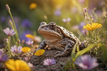 Obraz premium Toad in a Sunlit Garden: A toad nestled among colorful wildflowers in a sunlit garden, resting on a patch of soft soil.