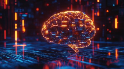 3D render of an AI brain with floating data points and futuristic holographic elements