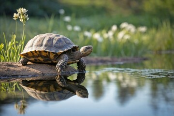 Obraz premium Tortoise by a Peaceful Pond: A small tortoise sitting on the edge of a peaceful pond in a meadow.