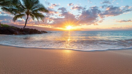 Stunning tropical beach sunset with palm tree silhouette