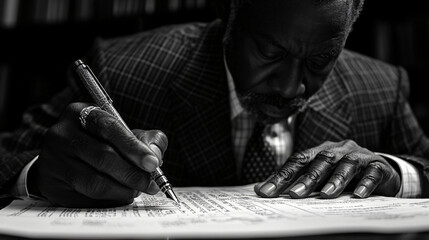 black and white photo of a old black man's hand writing with a pen on paper in a dark office