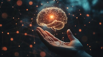 3D render of an AI brain with floating data points and futuristic holographic elements