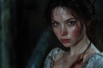 Wounded young woman with intense gaze