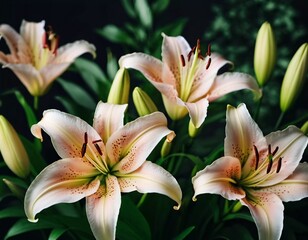 Fototapeta premium A cluster of white lilies is beautifully arranged, highlighting intricate patterns on petals. The dark background enhances their elegance and vibrancy, creating a striking composition. Generative AI