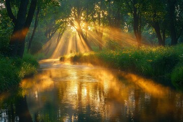 Obraz premium Golden Sunlight Beams through a Misty Forest Stream