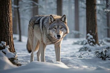 Naklejka premium Lone Wolf in Snow-Covered Forest: A majestic gray wolf standing on a snow-covered ridge in the middle of a dense, wintery forest.