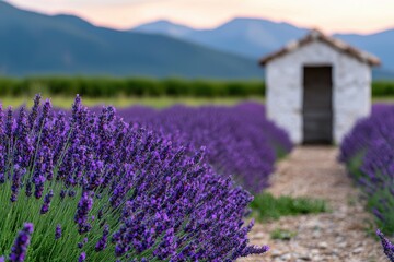 Obraz premium Lavender field with white cottage at sunset