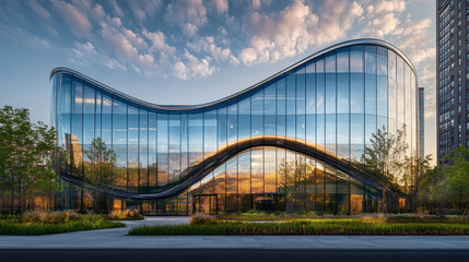 Obraz premium A stunning exterior view of high tech building featuring unique wavy design and reflective glass, surrounded by greenery and beautiful sky..