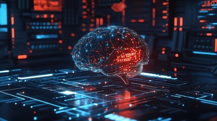 3D render of an AI brain with floating data points and futuristic holographic elements