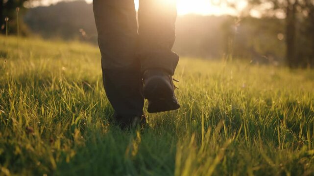 Rear back view steady shot male feet stepping on grassy meadow hill overlooking mountains in sunrise or sunset light. Man wearing hiking boots walks on clover grass. Male hiker explorer, sunny morning