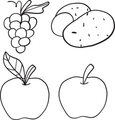 Hand drawn exotic fruit doodles, coconut and lemon slices. Cute tropical fruits, 