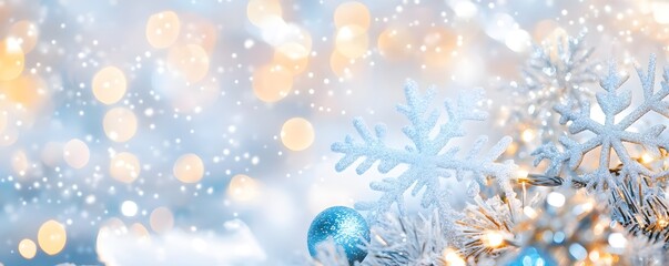 Festive Winter Wonderland Background with Snowflakes and Lights