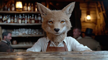 Anthropomorphic fox bartender in rustic bar setting
