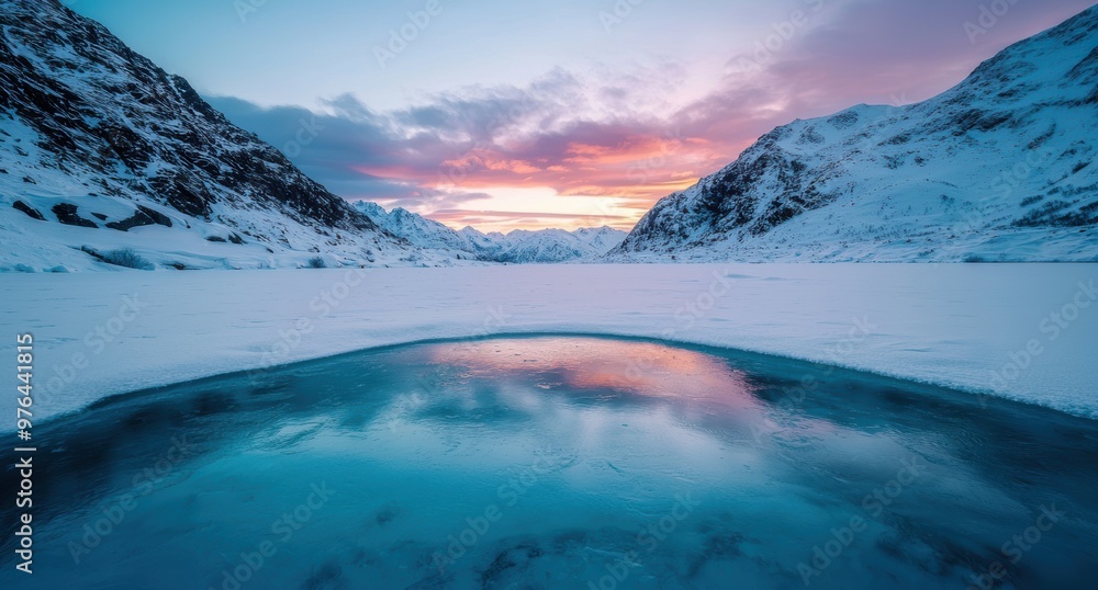 Poster Breathtaking winter landscape with snowy mountains and frozen lake