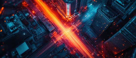 Fototapeta premium A vibrant cityscape at night showcasing illuminated streets and buildings.