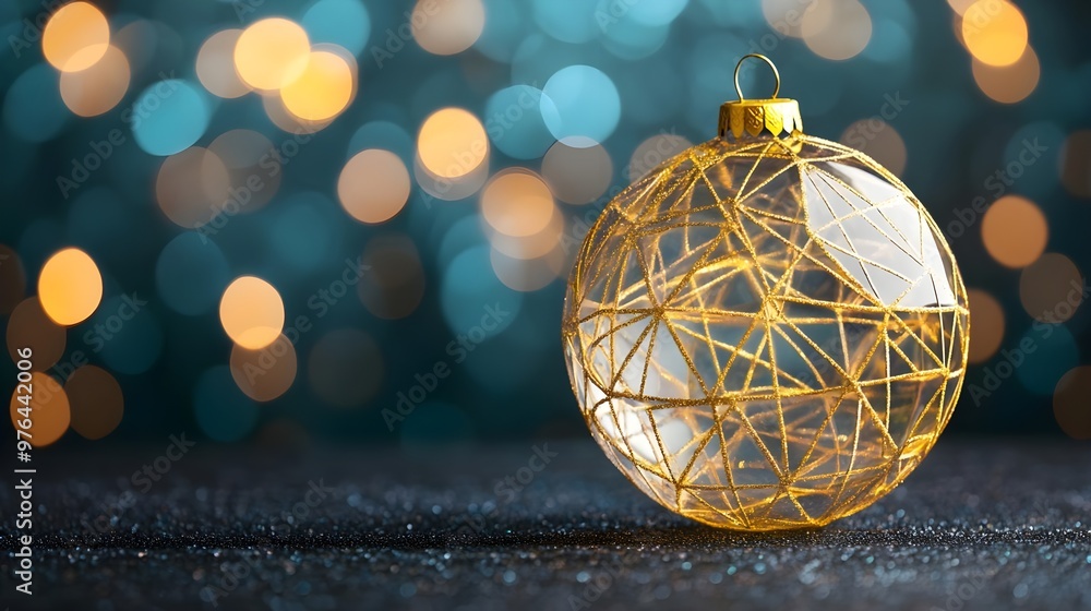 Sticker gold christmas ornament with teal bokeh background