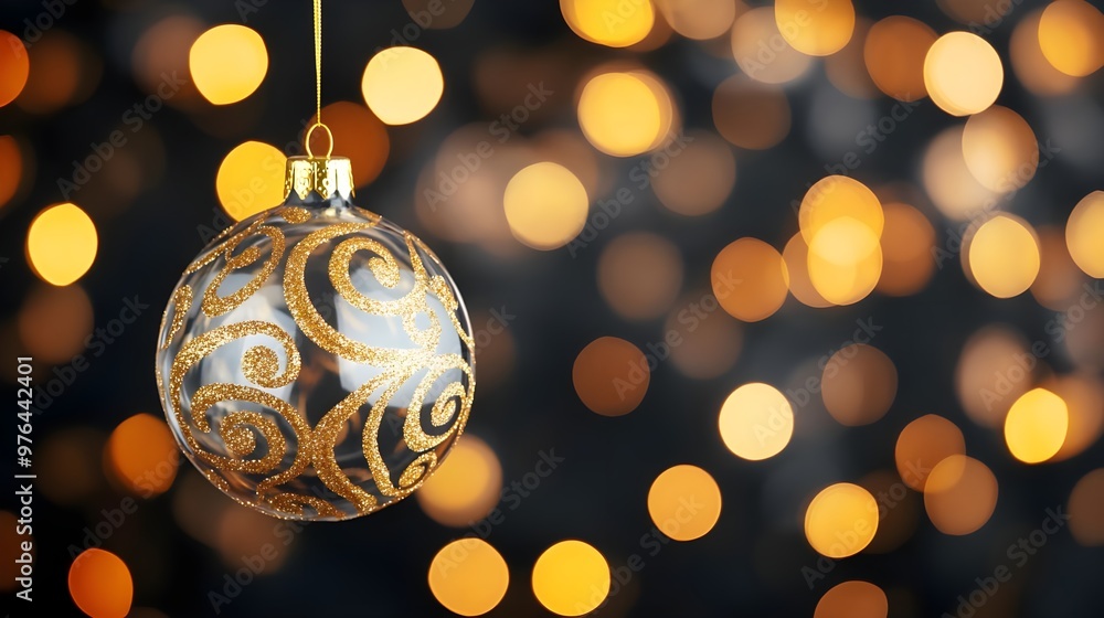 Sticker Gold Glitter Christmas Ornament with Bokeh Lights