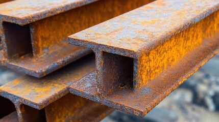 Abstract closeup of rusty steel beams, capturing the raw beauty of industrial decay, steel beams engineering and construction