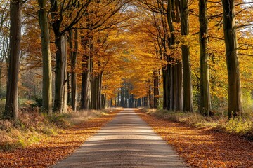 Naklejka premium A Dirt Road Through a Canopy of Golden Autumn Leaves