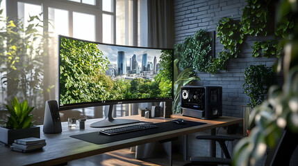 Modern Home Office Setup with Curved Monitor and Cityscape Wallpaper - 3D Illustration