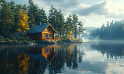 Fototapeta premium log cabin lake house in misty forest landscape
