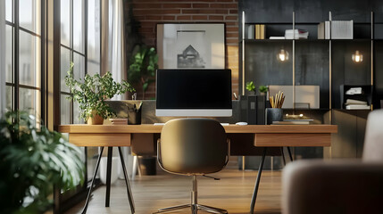 Modern Office Desk with Computer and Plants 3D Illustration