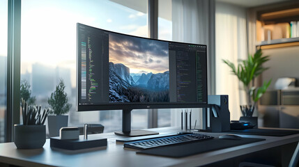 Fototapeta premium Modern Home Office Workspace with Curved Monitor and Mountain View Illustration
