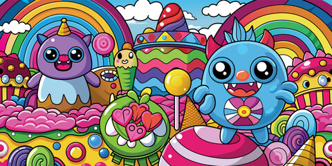 Amazing graffiti background with cute doodle monster characters in candy land theme illustration