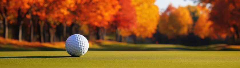 Golf ball on a green with colorful autumn trees, showcasing the harmony of sport and nature, golf course autumn