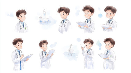 Fototapeta premium a set of doctor doing different activities, watercolour, sheet tournaround, white background