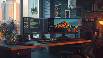 Modern Home Office Setup with Two Monitors, Desktop PC, and City View Illustration
