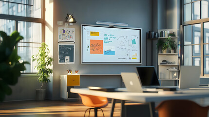 Modern Office Interior with Whiteboard and Laptops - Illustration