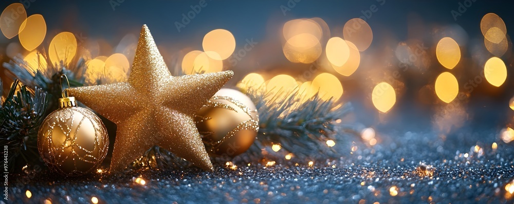 Sticker Golden Christmas Star and Baubles on Glittering Background