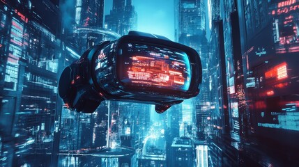 Futuristic Cityscape with Flying Car and Digital Interface