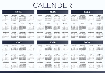 6 Years Calendar 2024, 2025, 2026, 2027, 2028, 2029 Vector Calendar Collection 