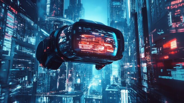 Futuristic Cityscape with Flying Car and Digital Interface - Powered by Adobe