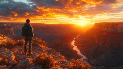 Obraz premium grand canyon sunset silhouette - man with backpack looking at scenic view, arizona, usa