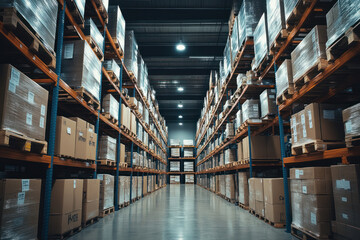 A modern warehouse interior featuring shelves stacked high with boxes, creating sense of organization and efficiency.