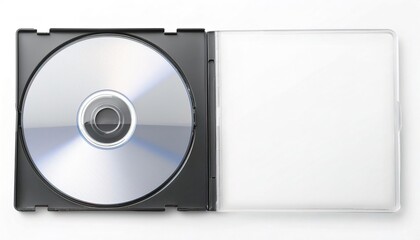 old blank music CD or DVD disc jewel case with compact or digital optical disk without cover y2k style isolated on white background with copy space