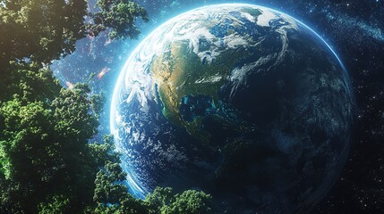 Earth glowing in space, with its ecosystems thriving, framed by distant galaxies