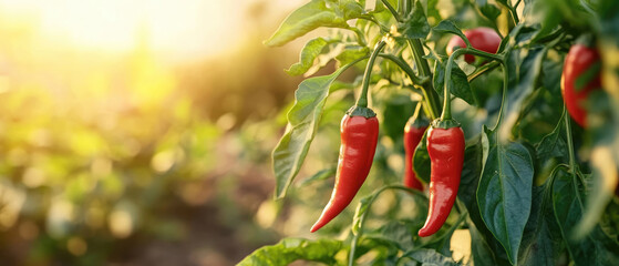 A bunch of red peppers are hanging from a plant. The peppers are in various stages of ripeness, with some still green and others already red. The scene is set in a garden