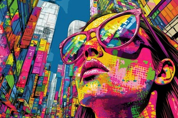 A Woman's Face with Sunglasses Looking Up at City Buildings in a Pop Art Style
