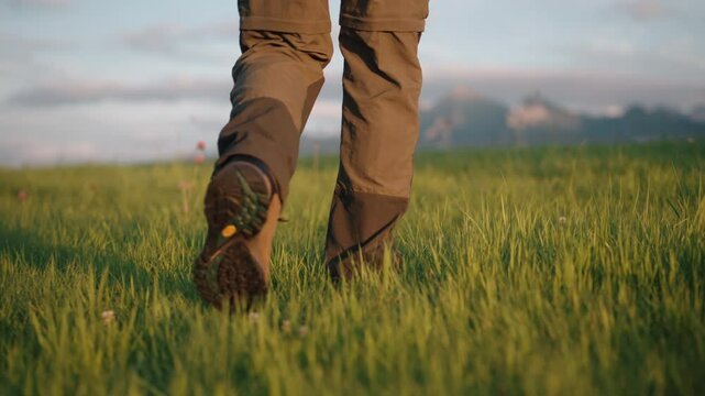 Rear back view gimbal shot male feet legs stepping on grassy meadow hill overlooking mountains in sunrise or sunset light. Man wearing hiking boots walks on clover grass. Male hiker explorer