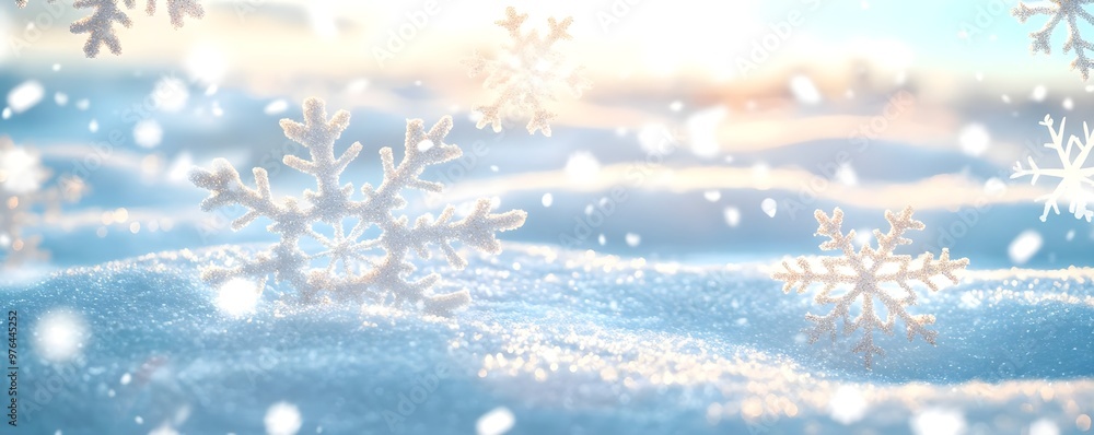 Wall mural sparkling snowflakes on winter wonderland background