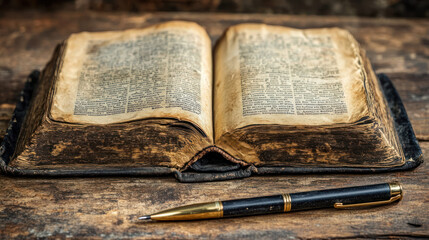 Obraz premium An open, aged book rests on wooden surface, accompanied by pen, symbolizing knowledge and reflection..