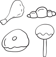 Thanksgiving day. Greeting card with turkey, pumpkin, autumn leaves, apples, berries, fruits, vegetables. Vector 