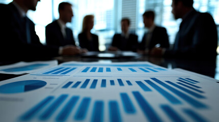 Business partners engaged in discussion with charts and graphs on table, showcasing teamwork and collaboration in corporate setting..